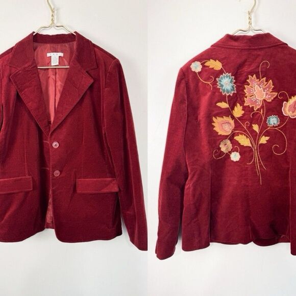 Cabi Velvet Blazer Jacket Size 14 Burgundy Boho Floral Embroidered Back Artsy - Picture 1 of 4